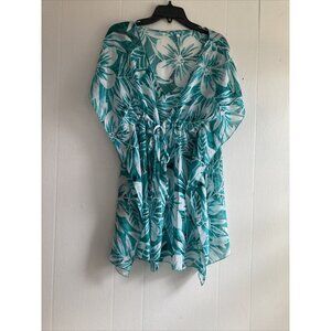 Kai Resortwear Swimsuit Cover Top One Size M Green Tropical Floral Semi Sheer